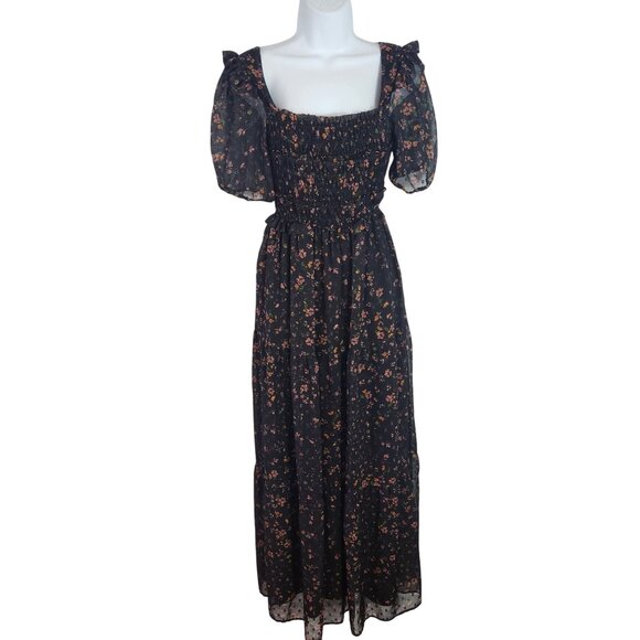 Slate & Willow Black Floral Puff Sleeve Smocked Maxi Dress Size Small - Picture 1 of 9